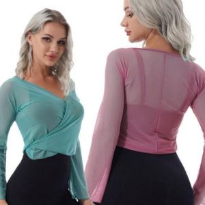 Women Sheer Mesh T-shirt Ballet Dance Cover Up Top Lace-up See-through Wrap Top