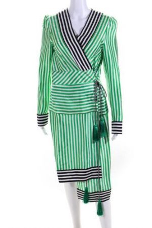 Etro Womens V Neck Striped Silk Long Sleeve Wrap Maxi Dress Multicolor Size 44