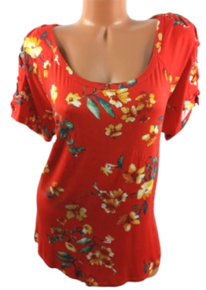 *A&I red floral print spandex stretch women&#039;s short sleeve plus top 1X