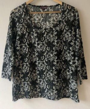 CACHOU Fabulous Vintage Black & White Floral Lace Blouse / Top Size 12-14 VGC