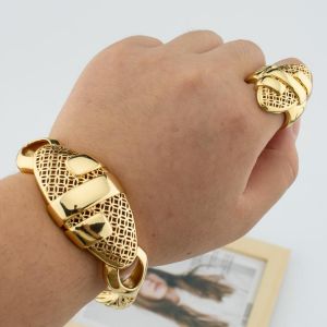 Cuff Bangle With Ring For Women 18k Gold Plated Bracelet Jewelry Nigerian Wedding Party Gift Dubai Hollow Out Design Bracelet - Je